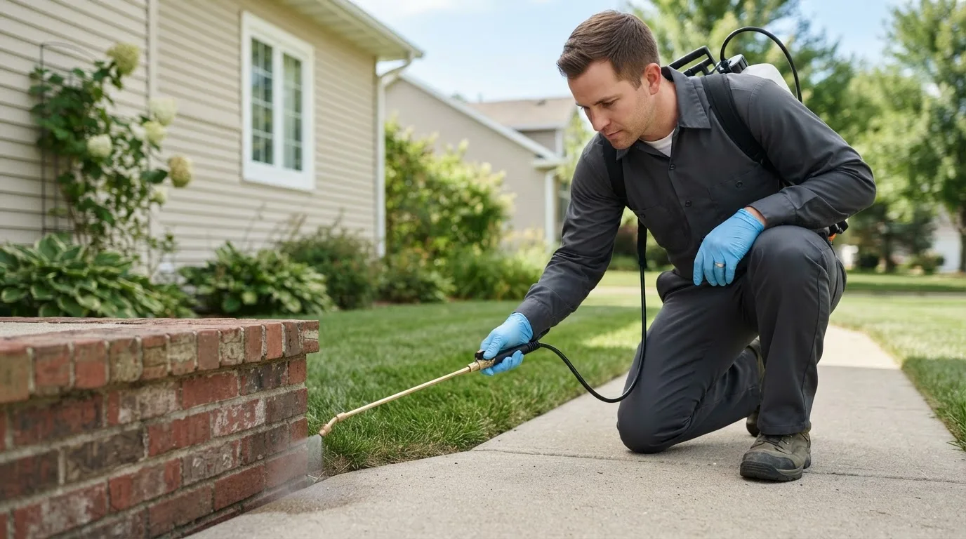 Pest control technician treating a home near Allen, OK