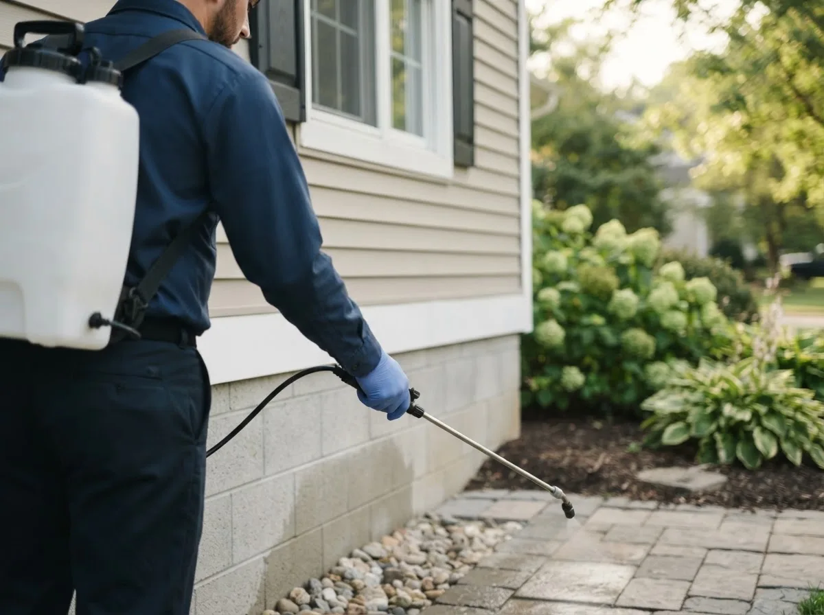 Pest control technician inspecting a home in Allen, OK